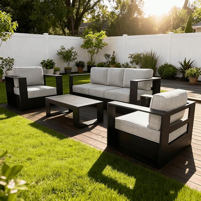 4 Pieces Patio Furniture Set with Coffee Table, Metal Modern Conversation Set with Deep Seating and Widened Aluminum Frame for Deck, Porch, Garden