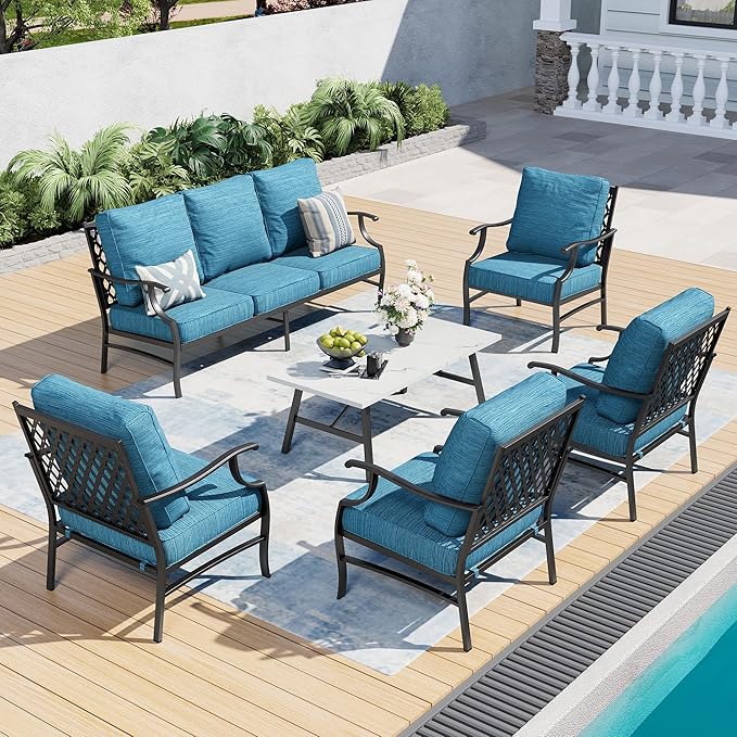 6 Piece Metal Outdoor Patio Furniture Set, Patio Conversation Sets 1 3-Seater Sofa, 4 Fixed Chairs with 5.75" Thick Cushion and Coffee Table, Backyard Furniture Set for Deck, Blue-2