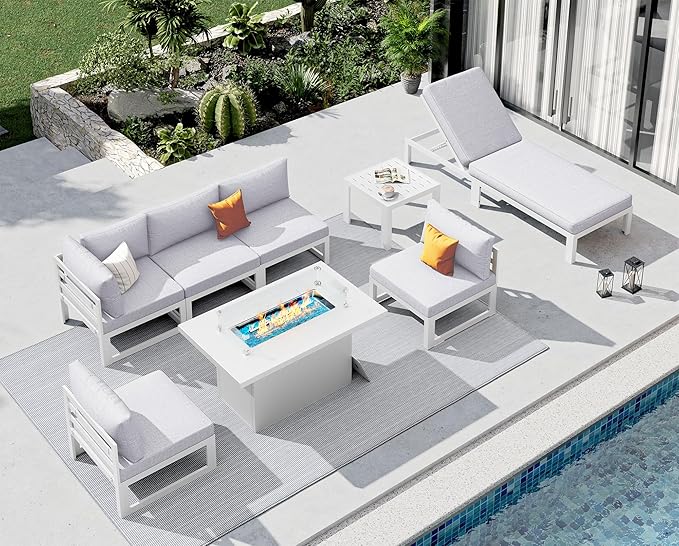 NICESOUL 8 Pcs Aluminum Patio Furniture Set for Large Groups, 500lbs Heavy Duty Outdoor Sectional Sofa with Lounge & Fire Pit Table, 29" Deep Wide Seating Conversation Couch for Poolside, Light Gray