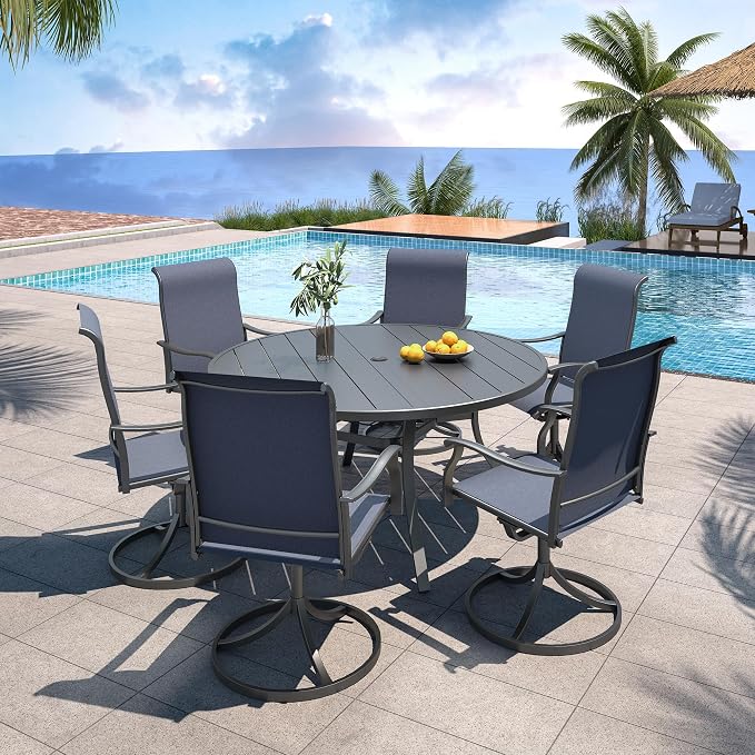 7 Piece Patio Dining Set Larger 54" Round Table NavyBlue Swivel Chairs Sty1 | 6 Piece Swivel Chairs: High Back, Retro Armrest, Textilene Fabric, Rocking; 6 - 8 Person 54'' Metal Round Table
