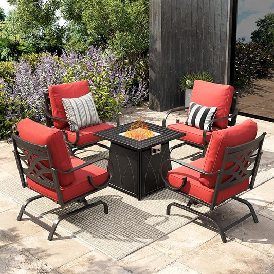 Sophia & William Patio Conversation Set for 4, 4 Rocking Chairs and a 28" Square Fire Pit Table, Metal Outdoor Furniture with 5.75" Extra Thick Cushions, Red