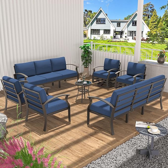 Aluminum Patio Furniture Set Patio Conversation Set,10 Seats Metal Modern Outdoor Furniture w/5.1" Cushions,Patio Sectional w/Swivel Chairs for Patio,Backyard,NavyBlue