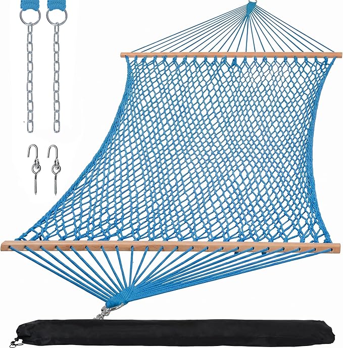 SUNCREAT Rope Hammock with Spreader Bar, Carrying Bag, 450 lbs Capacity, Two Person Hammock with Tree Hooks, Blue