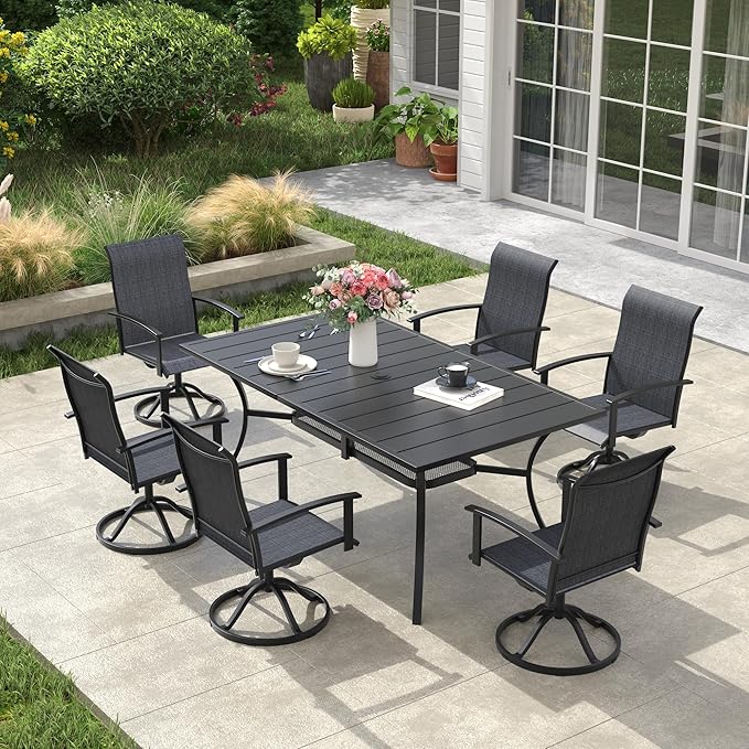 VICLLAX Outdoor Table and Chairs Set for 6, Patio Dining Set of 59 Metal Rectangle Patio Table with Umbrella Hole & 6 Swivel Outdoor Dining Chairs for Backyard Lawn, Charcoal & Black