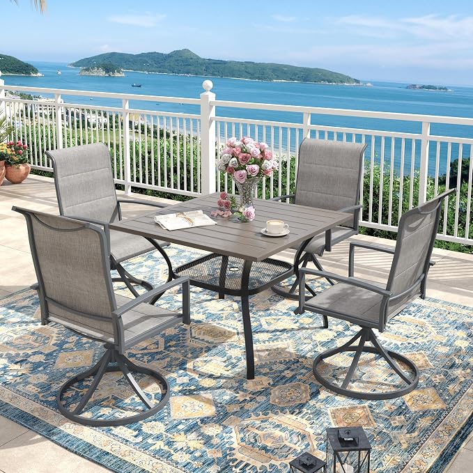 Outdoor Dining Set for 4, 37.8" Outdoor Dining Table with Umbrella Hole and Padded Textilene Patio Swivel Chairs, 5 Pieces Patio Table and Chairs Set for Garden Backyard, Grey