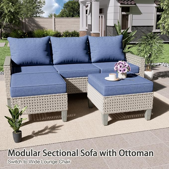 Outdoor Patio Furniture Set 14-Piece Modular Wicker Sectional Sofa with Ottomans and Thick Cushions, Modern Rattan Outdoor Conversation Couch for Garden Backyard, Navy