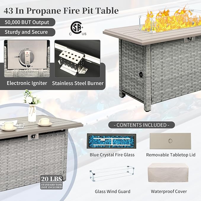 WAROOM Patio Furniture Set 6 Piece PE Rattan Outdoor Conversation Sets Grey Wicker Couch Sectional Sofa with Fire Pit Table and Grey Cushion