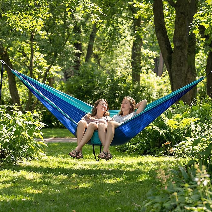 PeakPursuit Camping Double Hammock, Portable Hammock with Tree Straps, Tree Hammocks, Perfect for Outside Indoor Hiking Beach Backpack Travel, Blue