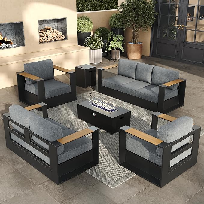 Aluminum Patio Furniture Set, 7 Seats Luxury Seating Furniture with 42" Fire Pit Table, All Weather Outdoor Conversation Sets with 6" Thickened Cushions