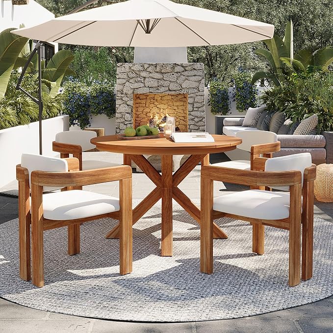 VilroCaz Acacia Wood Outdoor Dining Set for 4, All-Weather Outdoor Round Dining Table and 4 Barrel Chairs & Removable Cushions, 5-Piece Patio Furniture for Backyard Deck Poolside (Beige-ZD)