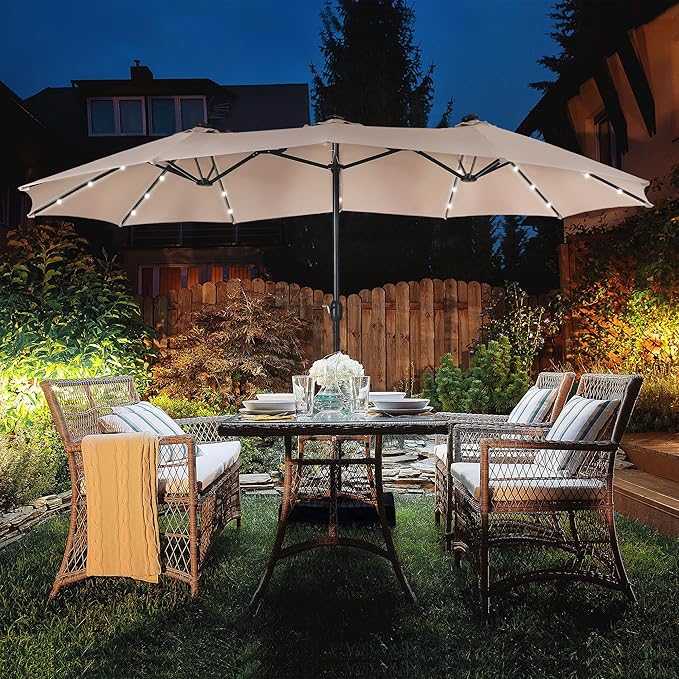 HERA'S PALACE 15ft Patio Umbrella with Base Included Double Sided Outdoor Umbrella for Patio Table Umbrella Outdoor 36 LED Solar Lights for Garden