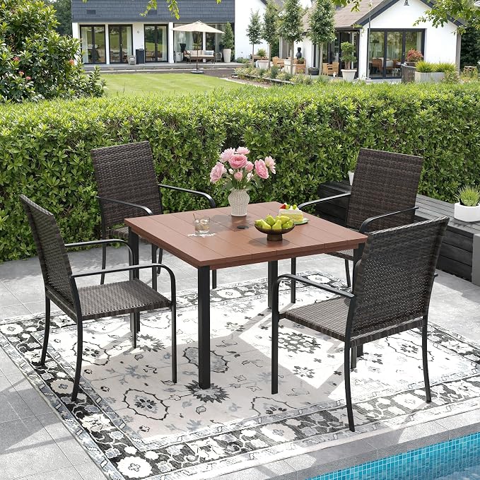 DIFY 5 Piece Outdoor Dining Set for 4, 40.2" Walnut Square Metal Dining Table with Umbrella Hole and Stackable Wicker Patio Chairs, All-Weather Patio Table and Chairs Set for Deck Garden Backyard