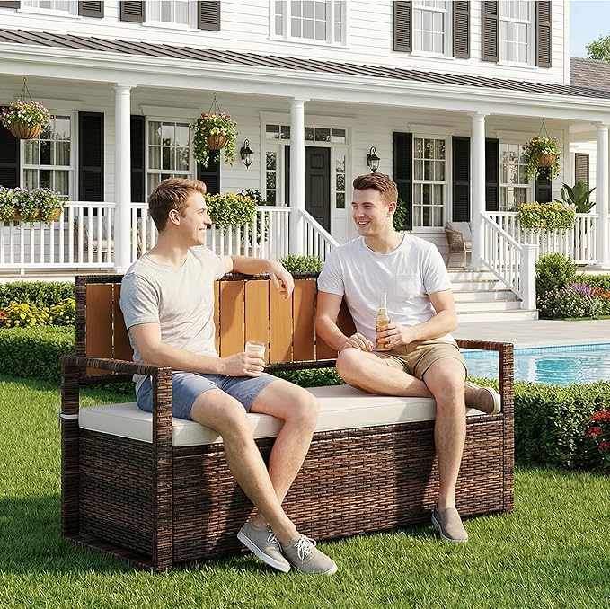 Outdoor Storage Bench with Cushion, 2-Seater PE Rattan Storage Box with Backrest & Armrests, 75 Gallon, 400 lbs Capacity Weatherproof Patio Bench for Garden, Balcony, Porch, Pool, Yard,Dark Brown