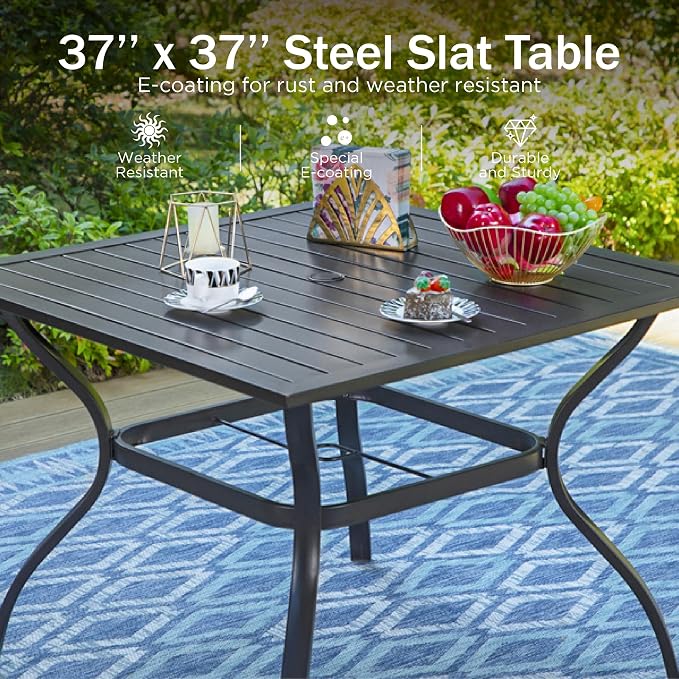 PHI VILLA 5 Pieces Outdoor Dining Set for 4, Square Wrought Iron Table with Umbrella Hole & Swivel Metal Steel Gray Chairs, Modern Dining Furniture Set with Cushions for Patio, Deck, Yard, Porch