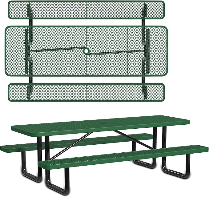 Leisure Craft Metal Picnic Table with Bench - 8 ft Rectangle Outdoor Dining Table for 8, Umbrella Hole, Weatherproof Heavy Duty Thermoplastic Coating, Commercial Grade Furniture Made in USA - Green