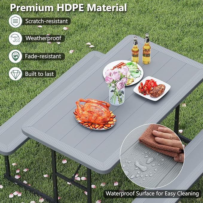 Picnic Table Set for 2-4 People, Umbrella Hole, Heavy-Duty Metal Frame & 2 Benches, HDPE Rectangular Outdoor Dinning Table & Benches for Outside, Patio, Garden, Backyard, Porch (Gray)