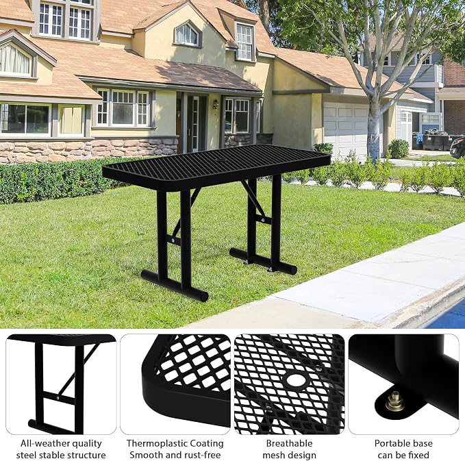 6FT Picnic Tables for Outdoors, Black Rectangular Heavy Duty Commercial Picnic Table with Umbrella Hole, Weather-Resistant Camping Table Dining Table for Backyard, Patio, Garden, Shops, Parks