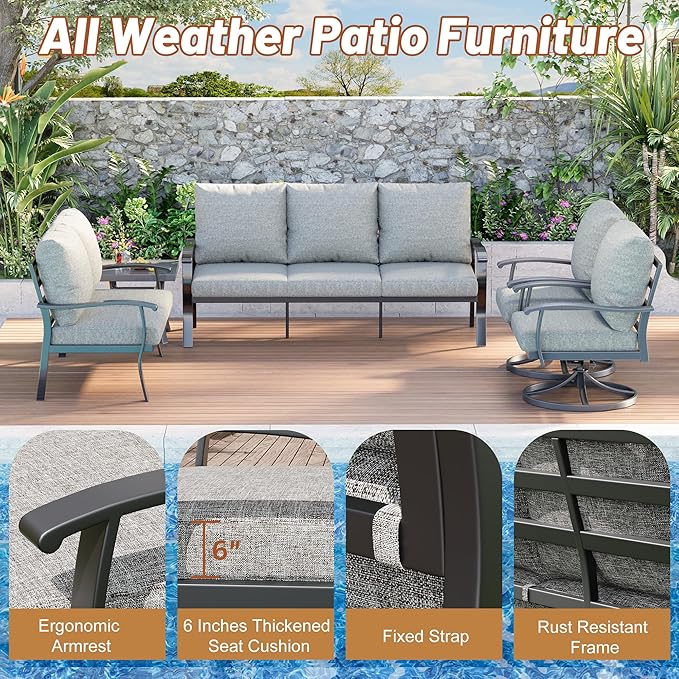 HOMREST Outdoor Furniture Thickened Cushion 360 Degree Swivel Rocking Patio Chairs and 3-Seat Sofa, Loveseat, Coffee Table, 5 PCS Metal Conversation Set for Garden, Deck and Poolside