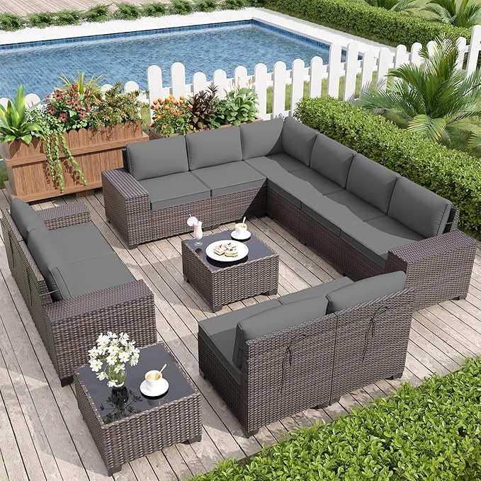 Patio Furniture Set Sofa 12-Pieces Wicker Sectional Sofa Set, Outdoor Furniture Rattan Patio Conversation Set with Thickened Cushions and Glass Coffee Table, Grey