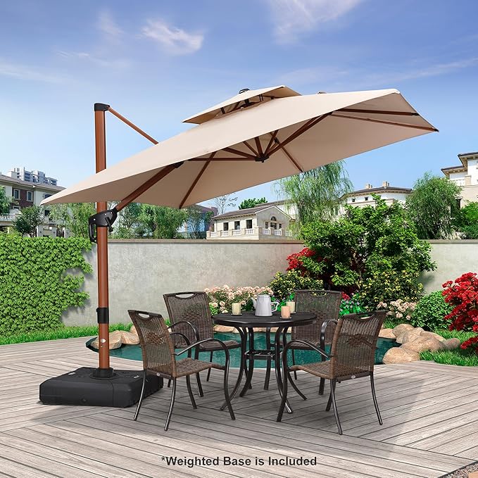 PURPLE LEAF Patio Umbrella with Base Outdoor Square Large Cantilever Umbrella Windproof Offset Heavy Duty Sun Umbrella for Garden Deck Pool Patio, 9ft Beige