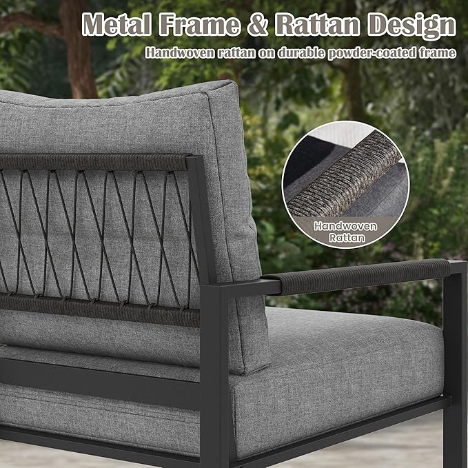 3 Pieces Rattan Outdoor Furniture Set, All-Weather Patio Conversation Set with Dark Grey Cushions and Coffee Table for Garden, Backyard, Balcony, Poolside