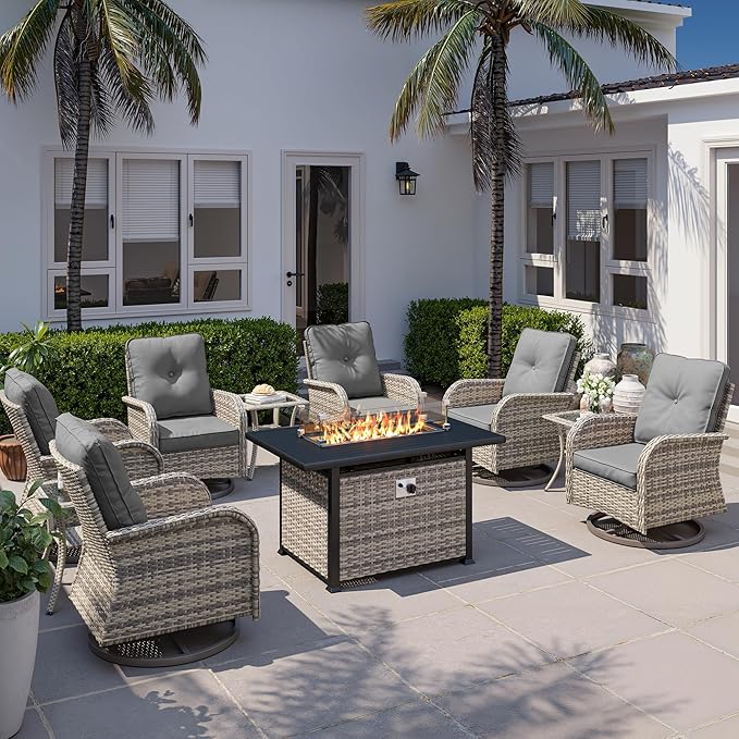 10Pcs Patio Rocking Swivel Chair with 55,000 BTU Fire Pit Table Outdoor Wicker Rattan Bistro Set with Tempered Glass Side Table, Outdoor Patio Furniture Set for Garden and Balcony, Grey