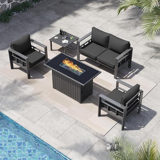 5 Piece Aluminum Patio Furniture Set with 44" Fire Pit Table & Thick Cushions, Aluminum Outdoor Sectional Conversation Set with Coffee Table for Porch, Backyard(Grey/Dark Grey-1)