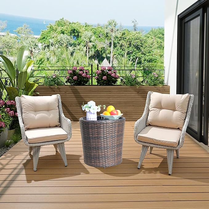 Outdoor Patio PE Rattan Round Coffee Table 17.7" Patio Side Table with Black Tempered Glass Top, Outdoor Wicker End Table for Backyard Deck Balcony, 120 lbs Capacity, Brown