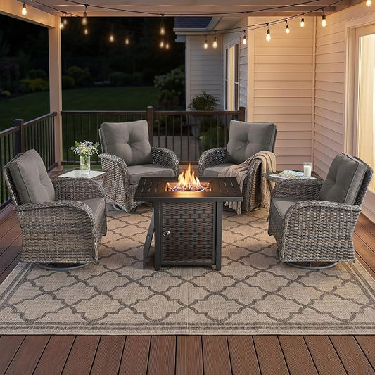 7 Piece Patio Furniture Set with Fire Pit Table - Wicker Patio Conversation Set with 4 Swivel Glider Chairs and 2 Tempered Glass Side Tables for Deck Backyard - Grey Wicker Grey Cushion