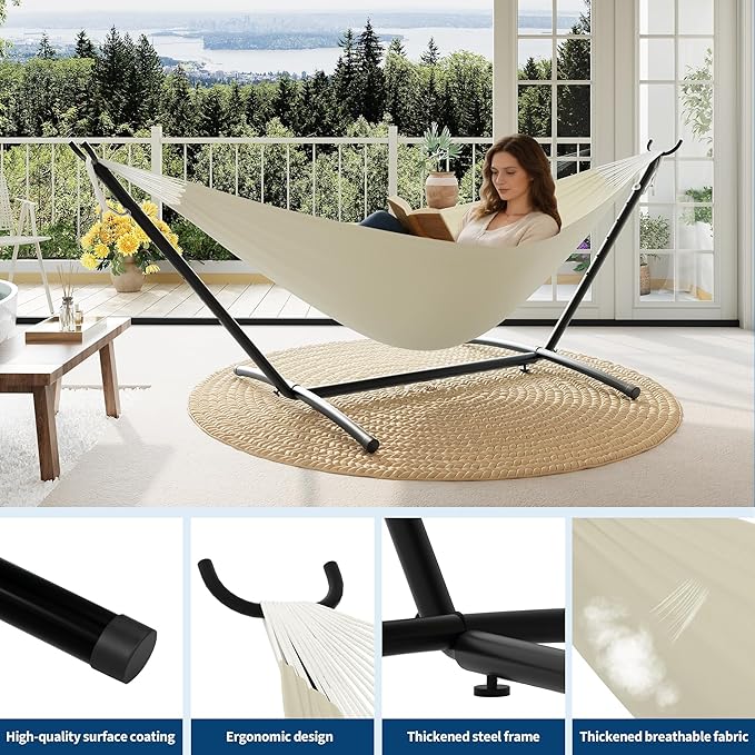 2-Person Hammock with Stand,Portable Double Hammock, Portable & Space-Saving, 450 Lbs, Comfortable Polyester Cotton for Outdoor, Patio, Garden, Camping – Includes Carry Bag