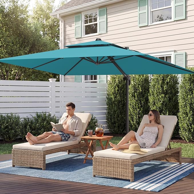 9x12 FT Patio Umbrella, Large Cantilever Rectangular Double Top Heavy Duty Offset Umbrellas with 360° Rotation, Outdoor shade for Garden Deck Pool, Turquoise