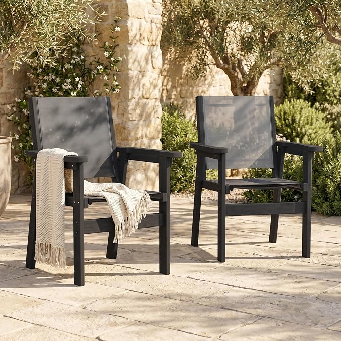 HDPE Outdoor Dining Chairs Set of 2 | Textilene Weather Resistant Patio Stackable Chairs for Garden, Backyard, Lawn and Poolside, Black