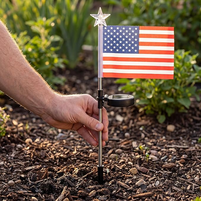 CALLARON Solar Decorative Lights LED Outdoor Solar Lights America Flag Decorative Flags Patriotic Garden Flag Solar Landscaping Spotlights Solar Garden Lights Outdoor LED Flagpole Lights