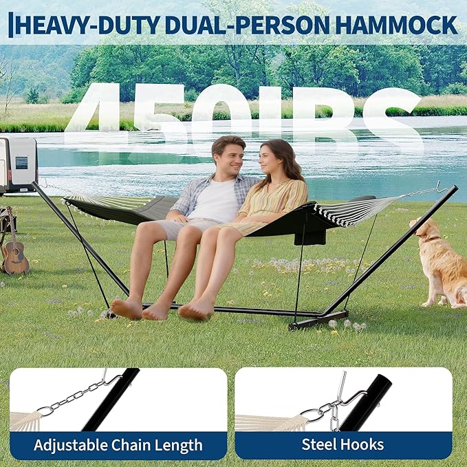 2 Person Double Hammock with Stand & Pillow, 450 LBS Heavy Duty Outdoor Hammock with Balance Rope for Patio Backyard Poolside