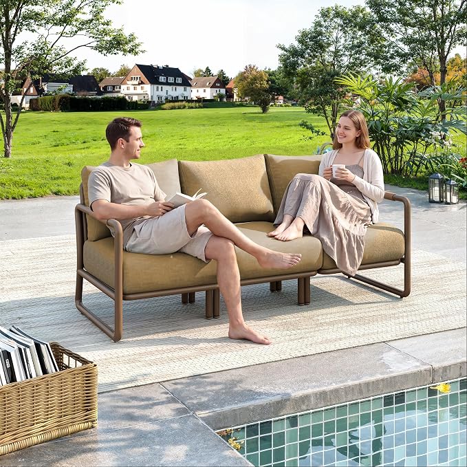 3-Seat Outdoor Patio Sofa with Cushions, Aluminum Deep Seating Couch for Backyard, Deck, Garden – Conversation & Relaxation Outdoor Furniture, Brown