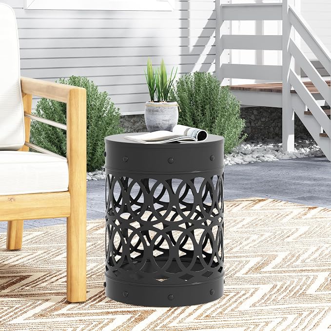 Outdoor Metal End Table Large, White Iron Side Table with Geometric Cut Design, Round Patio Accent Table No Assembly Required, Weather Resistant for Garden Balcony Porch (Black)