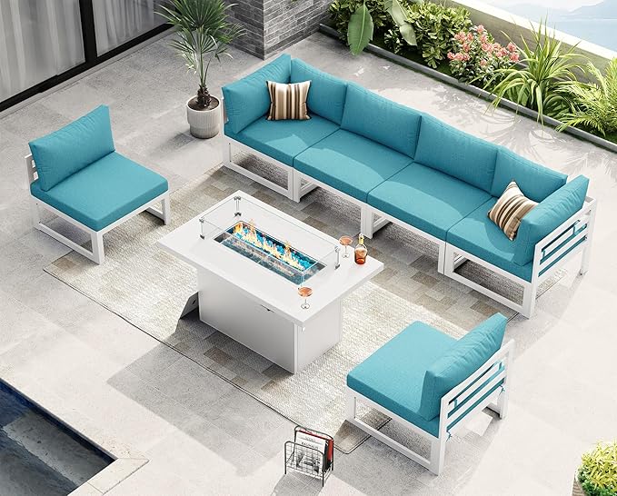 NICESOUL 6 Person Modern Aluminum Outdoor Patio Furniture Set with Fireplace, 29" Wide Deep Seating, Fade & Water Resistant L Shaped Sectional Couch, Large Conversation Set for Backyard Terrace, Teal