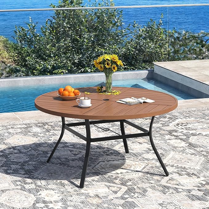 DIFY 7 Piece Outdoor Dining Set, Metal Patio Table and Chairs Set, 50" Walnut Round Dining Table & 6 Brown Padded Textilene Swivel Patio Chairs, Outdoor Furniture Set for Garden Backyard Porch