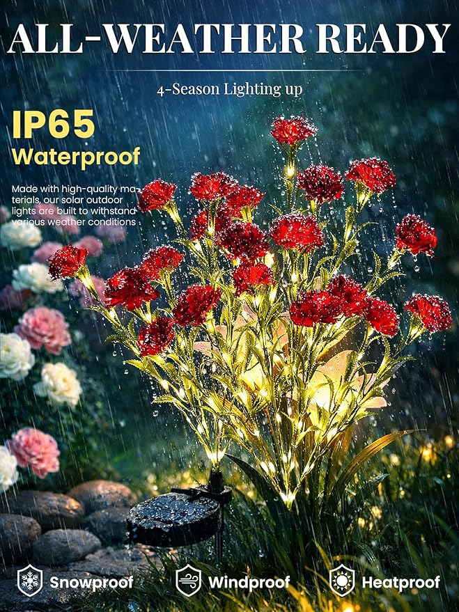 GIGALUMI Solar Lights Outdoor for Garden Decor, 4 Pack Solar Flower Lights Waterproof, 2 Lighting Modes 28 Carnations for Pathway,Yard, Patio Decoration, Gardening Gifts for Women (Red)