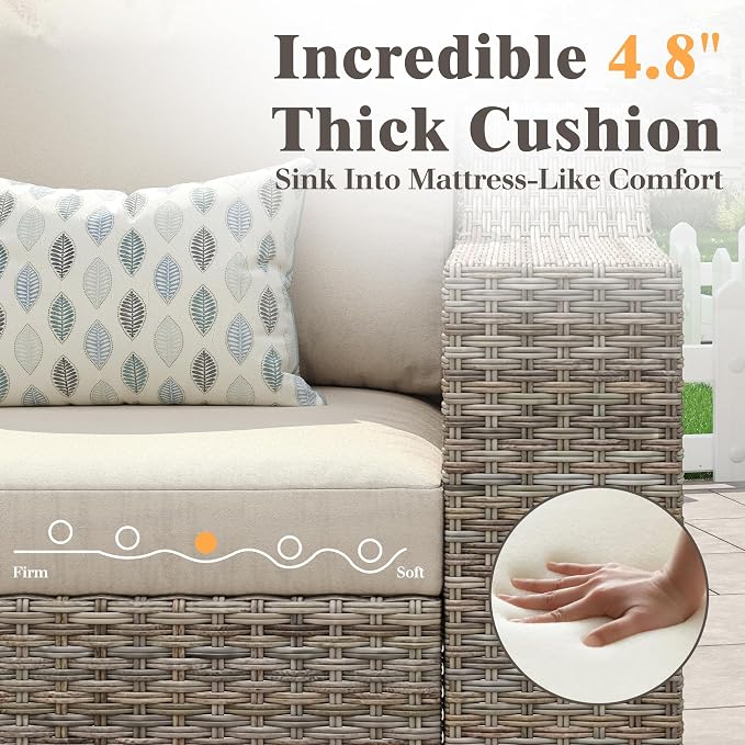 LUXOAK 6-Piece Wicker Patio Furniture Set, Curved Half-Moon Outdoor Sectional Sofa with 6" Wide Armrests, All-Weather Rattan Conversation Set with Thick Cushions, for Backyard/Garden/Deck/Patio