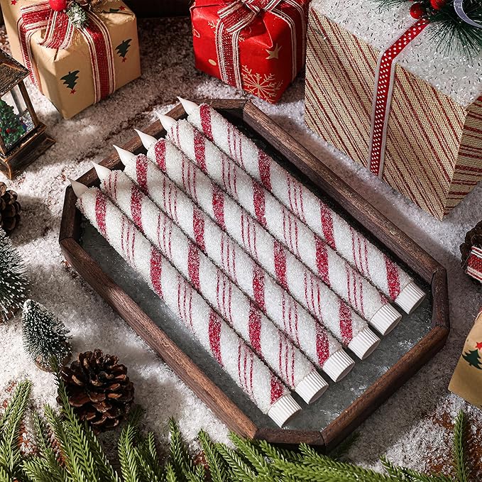 6PCS Christmas Candy Cane Flameless Taper Candles, Candy Cane Candlesticks Red and White Stripes Sea Salt Real Wax Flickering LED Battery Operated Candles for Xmas Centerpiece Decor Home Decoration