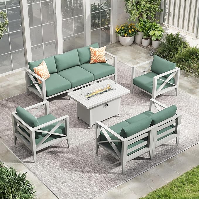 8-Piece Oversized Aluminum Patio Furniture Set with Fire Pit Table, Coffee Table & Weather-Resistant Outdoor Sofa — Luxe Outdoor Conversation Set for Deck, Garden, Poolside-White