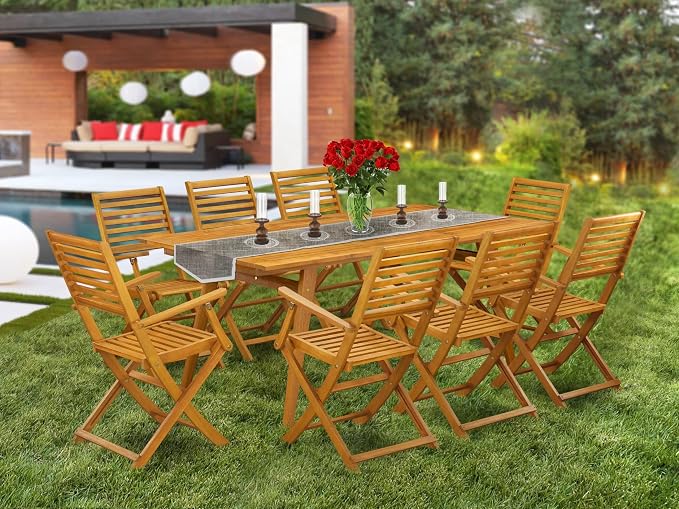 East West Furniture DEBS9CANA 9 Piece Patio Garden Table Set Includes a Rectangle Outdoor Acacia Wood Dining Table and 8 Folding Arm Chairs, 40x72 Inch, Natural Oil