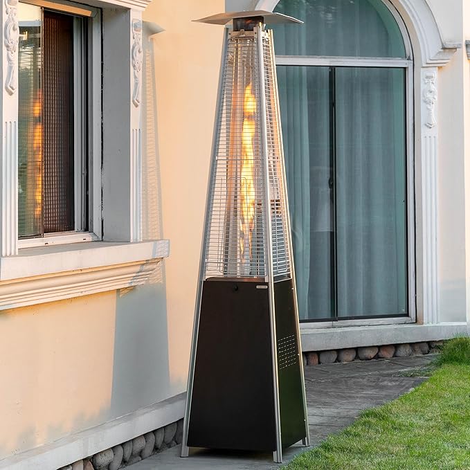 Nuu Garden 48,000 BTU Outdoor Pyramid Propane Patio Heater with Glass Tube, Removable Iron Heater with Wheels for Backyard, Garden, Porch, Patio, Black