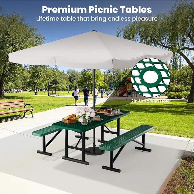 6FT Outdoor Metal Picnic Table with 2 Benches,Heavy Duty Rectangular Picnic Table Set for Outside, Waterproof Commercial Restaurant Table Furniture for Park, Campfield, Patio, Garden, Yard