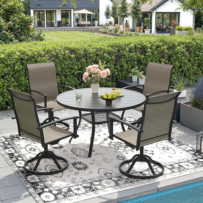 DIFY 5 Pieces Outdoor Dining Set for 4, 40.6" Black Round Metal Table with Umbrella Hole and Brown Textilene Swivel Patio Chairs, Patio Table and Chairs Set for Garden, Backyard, Poolside