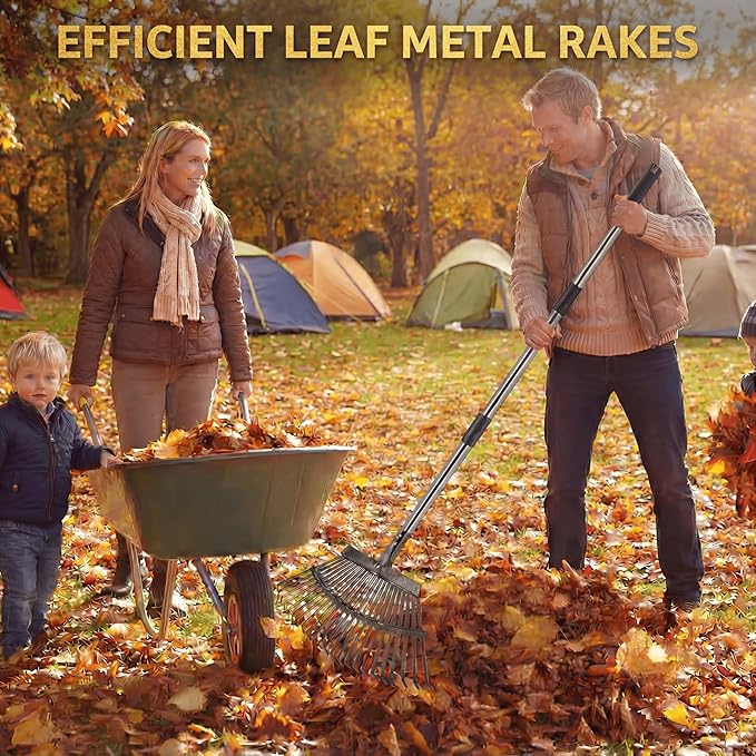 Heavy Duty Metal Bow Leaf Rake for Yard & Garden - 20" Wide Head with 25 Steel Teeth, 40-68" Adjustable Stainless Steel Handle, Rust-Resistant Garden Yard Rake for Leaves, Grass, Debris & Lawn Cleanup