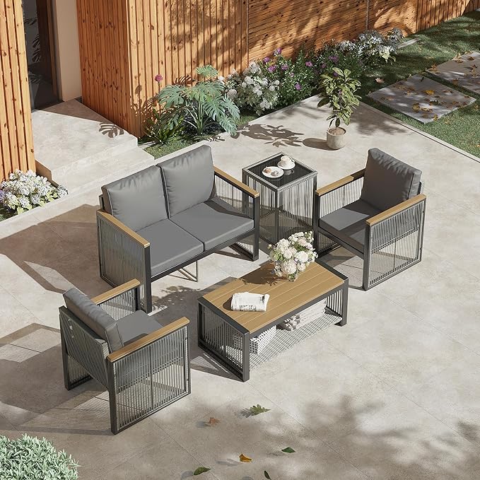 HOMREST Outdoor Metal Furniture Set, 5 Pieces Patio Sectional Conversation Chat Sofa Modern Seating Set with Coffee Table & Side Table(Grey)