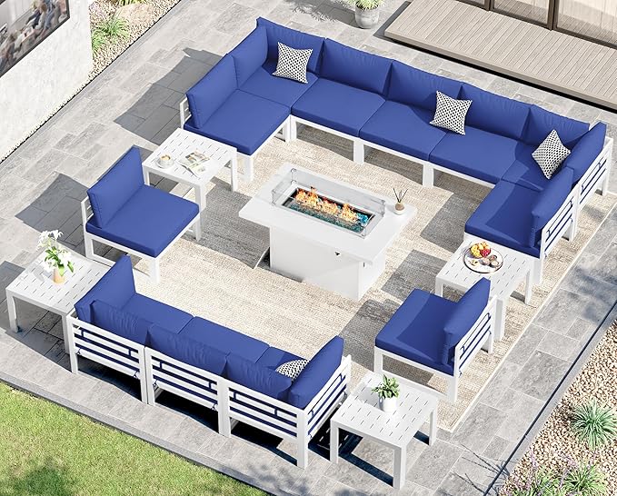 NICESOUL 17 Pcs Large Aluminum Patio Furniture Set with Fire Pit Table Propane/Gas, 500 lbs Heavy Duty Outdoor Sectional Sofa with Side Table, L Shaped Conversation Couch for Garden Lawn, Navy Blue