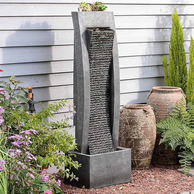 Water Fountain Outdoor Freestanding Fountains Indoor Waterfall Floor Standing Water Fountains for Garden, Patio, 49.2 Inches Tall with LED Lights, Pump, Natural Stones
